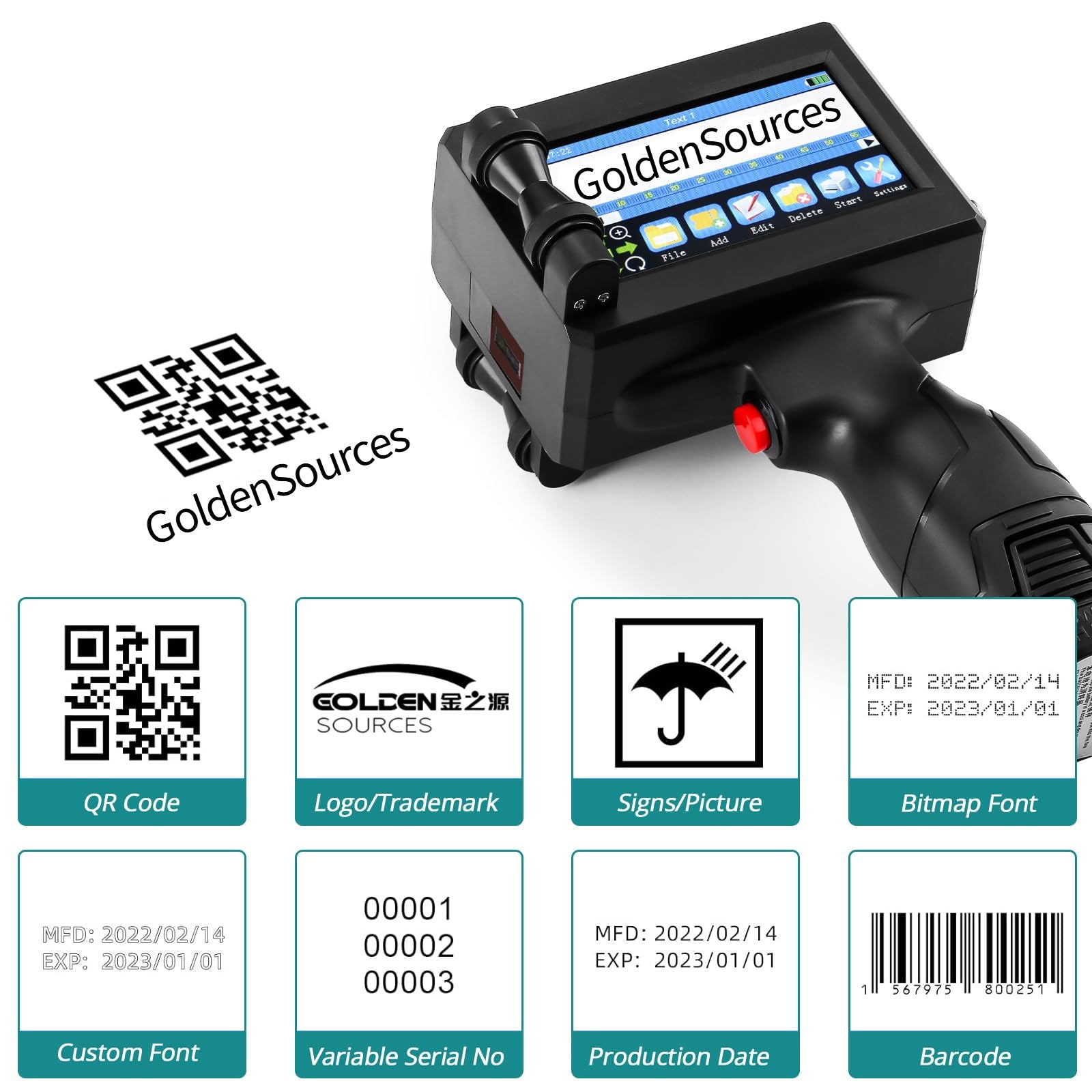 Bottle-Mounted Inkjet Printer Gun Handheld Inkjet Printer Gun 600dpi, 12.7mm Suitable for printing text and logos