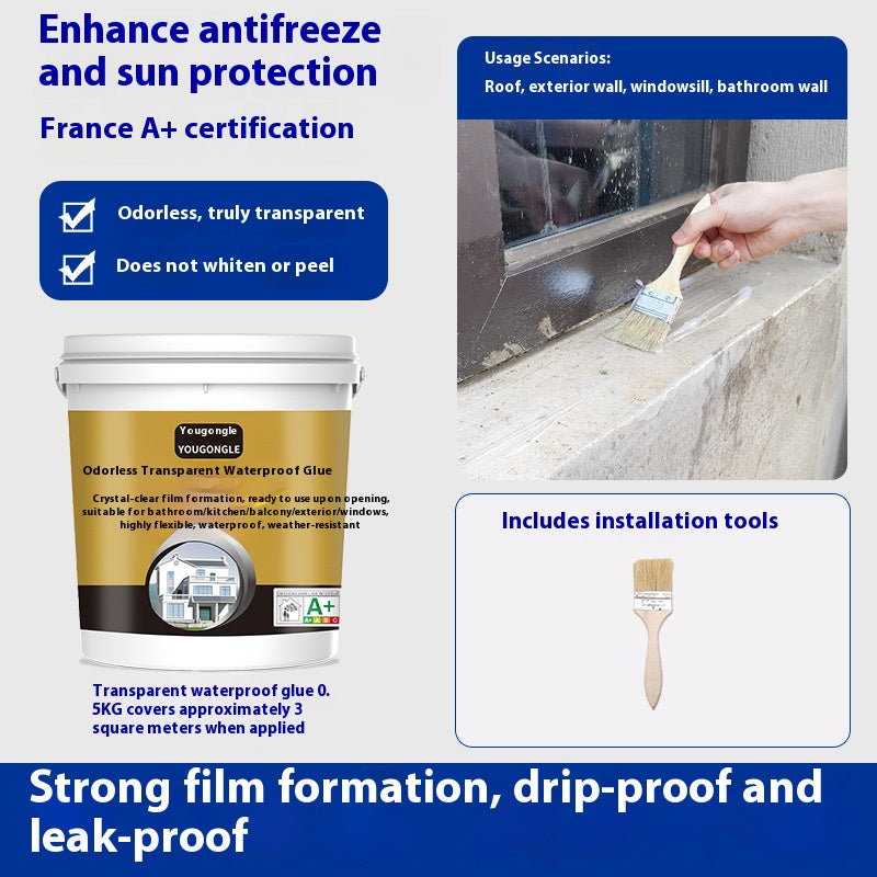Highly effective transparent waterproof glue, no brick-breaking required to repair leaks, kitchen, bathroom, balcony, exterior wall and roof leak prevention, easy and long-lasting construction