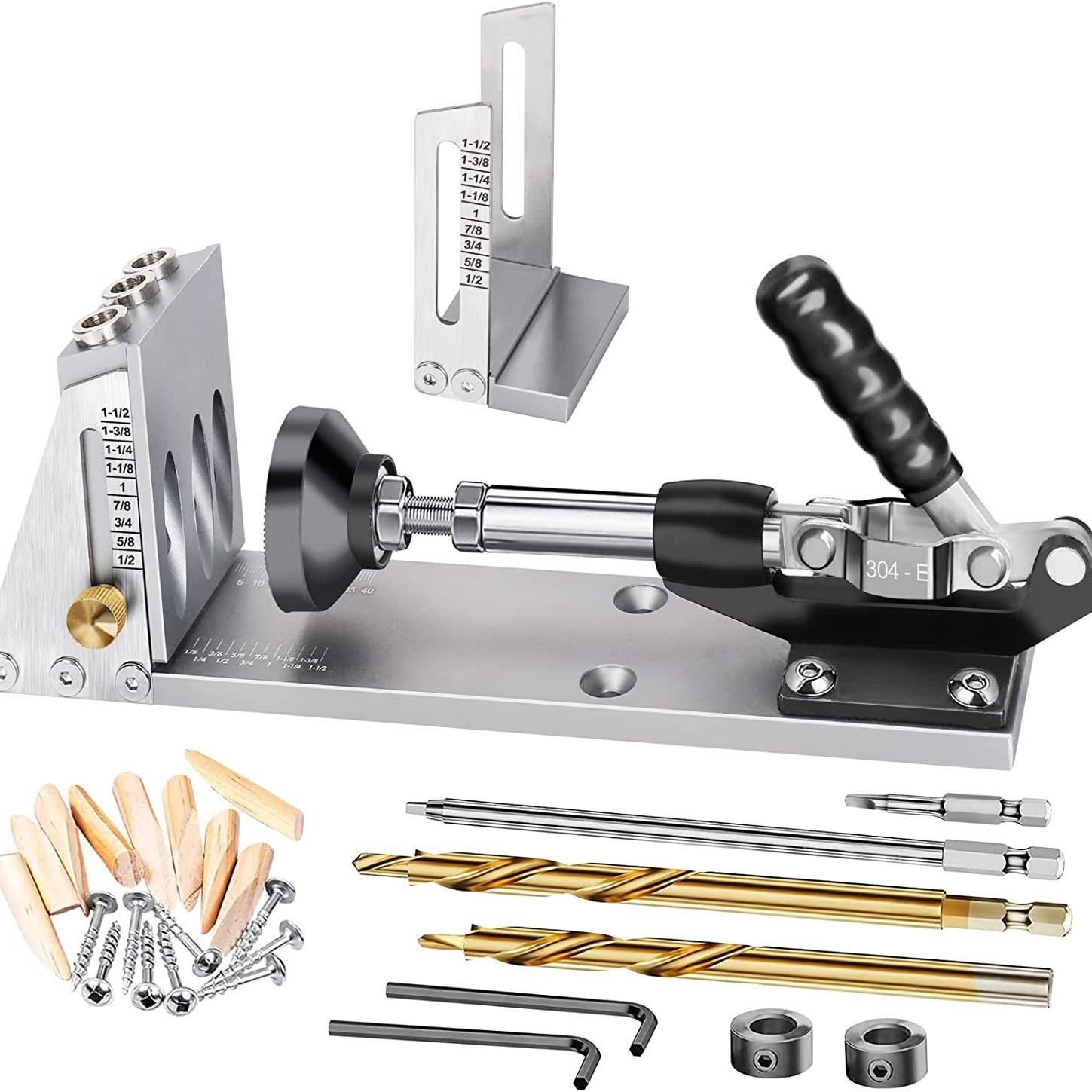 Professional woodworking oblique hole locator with 9.0/9.5mm hardened drill bit for precise drilling, dust-absorbing design, and durable tool