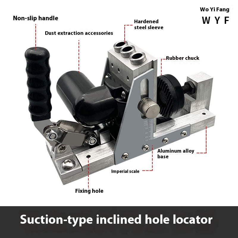 Professional woodworking oblique hole locator with 9.0/9.5mm hardened drill bit for precise drilling, dust-absorbing design, and durable tool