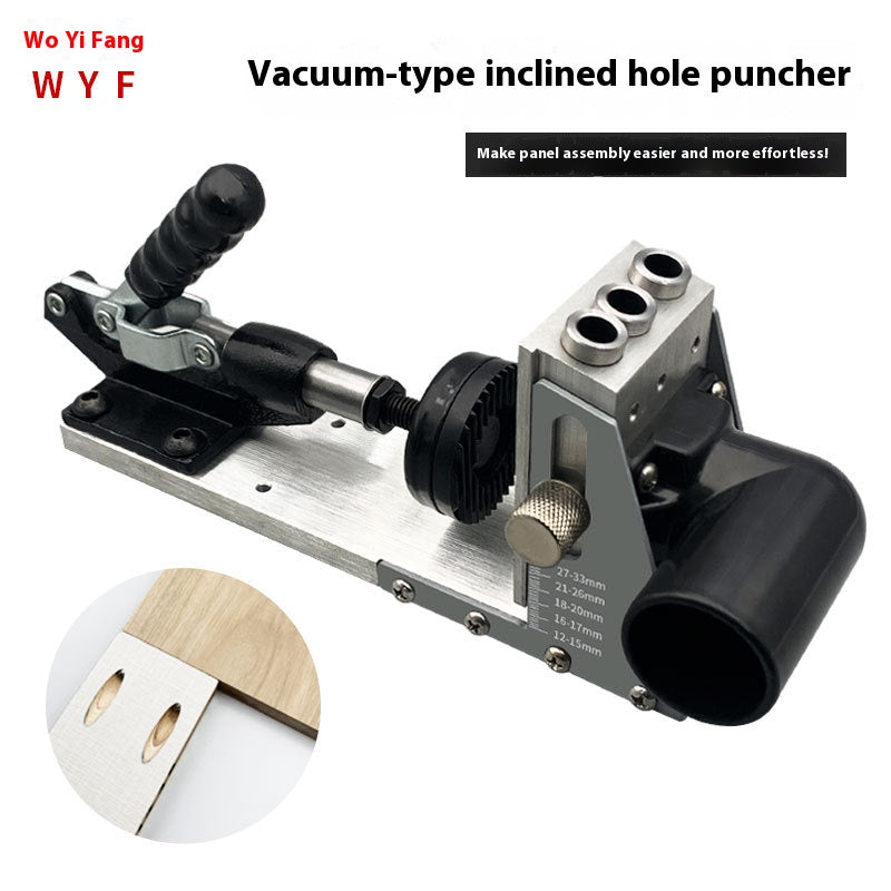 Professional woodworking oblique hole locator with 9.0/9.5mm hardened drill bit for precise drilling, dust-absorbing design, and durable tool